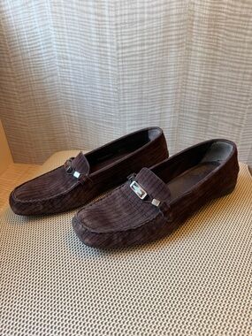 Stuart Weitzman Brown Suede Loafers with gem detail